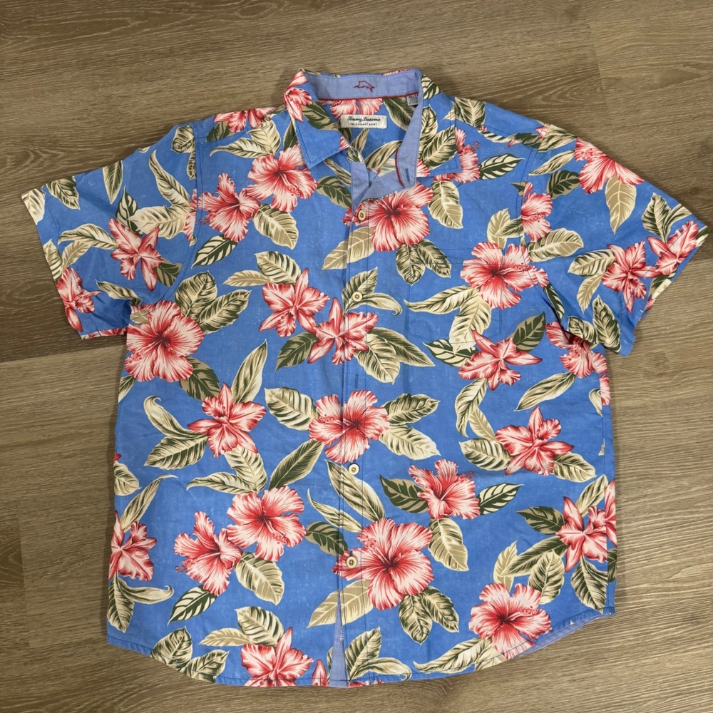 Tommy Bahama The Coconut Point Mens XL Blue Floral IslandZone Button Up Shirt